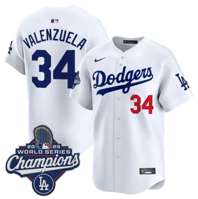 Men's White Los Angeles Dodgers #34 Fernando Valenzuela 2025 World Series Champions Patch Home Limited Stitched Baseball Jersey